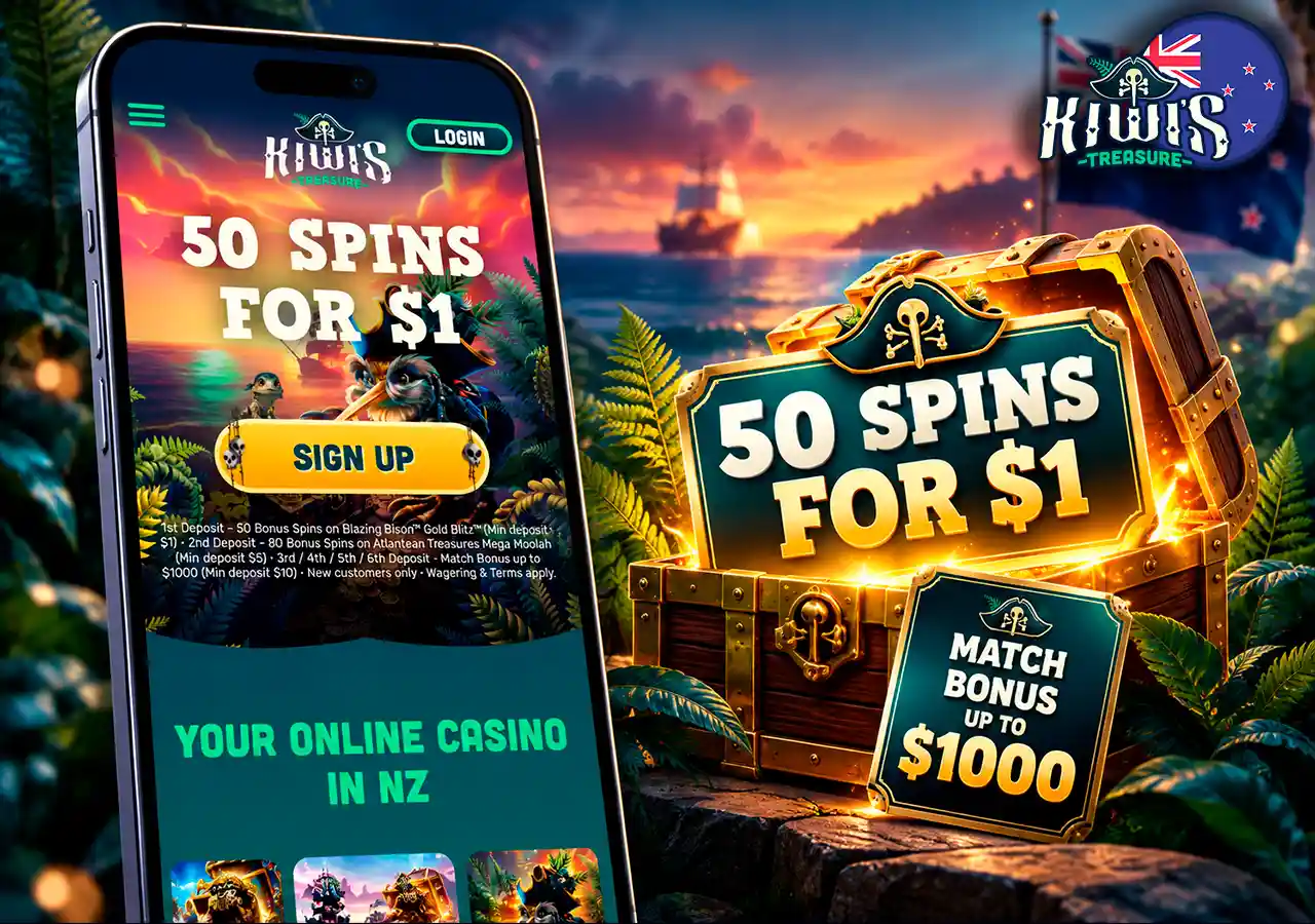Kiwi's Treasure on mobile with 50 spins for $1 and a welcome bonus marker.