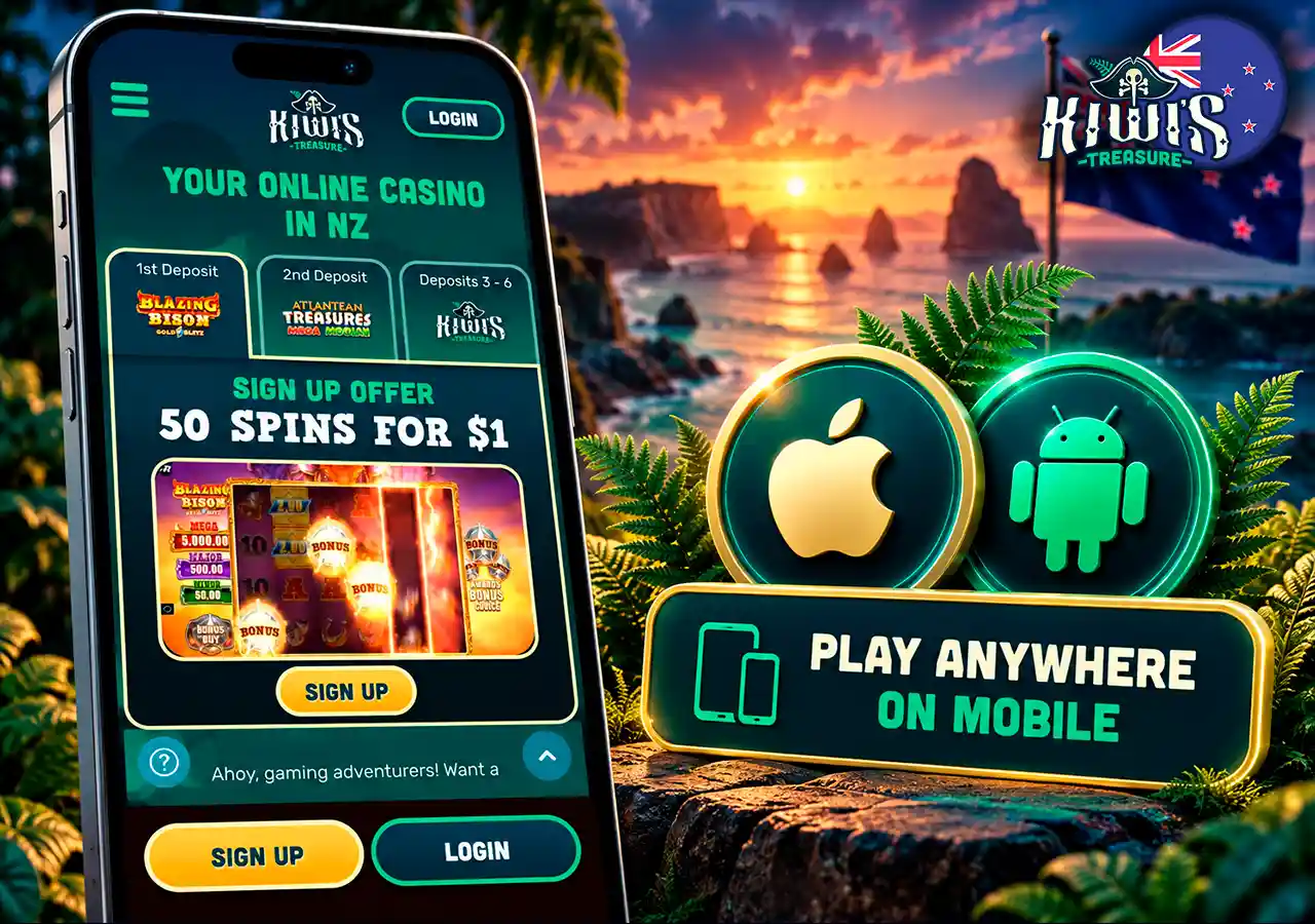 Kiwi's Treasure mobile site with Android and iOS symbols for mobile access.